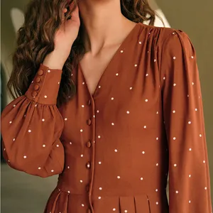 Rihoas Brown Polka Dot Pleated Midi Dress thumbnail 2