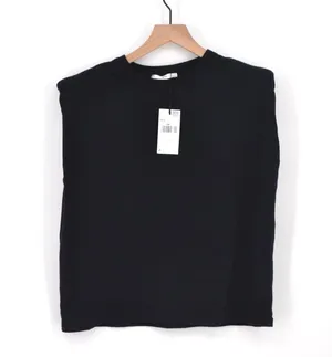 NEW Mango MNG Shoulder Pad T-Shirt Crewneck Cotton in Black Women's XS S thumbnail 1