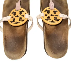 Tory Burch Miller‎ Cloud Sandals Women 9 Beige Yellow Fair Logo Cork Slides thumbnail 3
