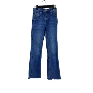 ZARA Flared High Rise Straight Leg Raw Hem Broken In Jean Zip 2 Dark Blue Wash thumbnail 11