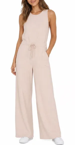 Peach Pink Sleeveless Wide Leg Jumpsuit Drawstring Waist L thumbnail 1