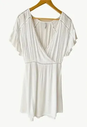 Raviya White Boho V-Neck Short Sleeves Womens Mini Dress SZ Small thumbnail 1
