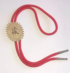 Red Western Bolo Tie with Decorative Gold Tone Dancer Medallion thumbnail 1