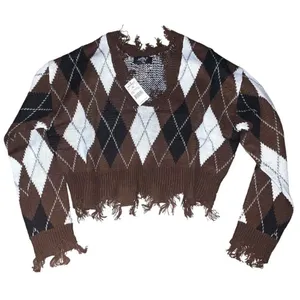 Just Polly Fringe Brown Argyle Plaid Cropped Sweater thumbnail 1