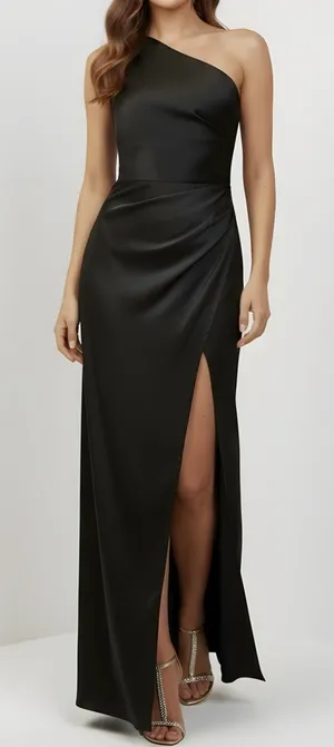 BHLDN Scottie One-Shoulder Side-Slit Stretch Satin Maxi Dress, Black, XS thumbnail 1