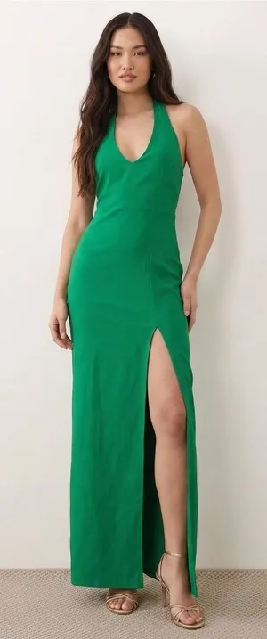 Vesper ASOS Green Bengaline Halterneck Thigh Split Maxi Dress Sz 8UK USA 4 thumbnail 1