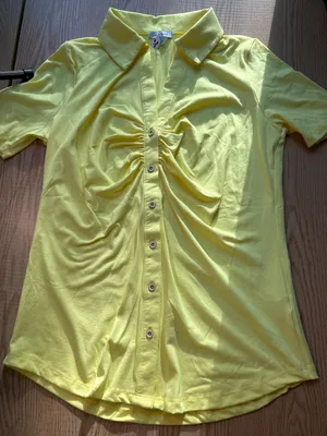 New Women's White Birch button Up Ruched Shirt Super Soft Stretchy Yellow Medium thumbnail 1