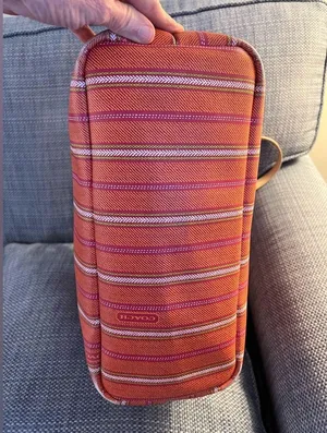 Coach Vintage Striped Orange& Pink Tote Bag with tan leather handles. Zip top thumbnail 9