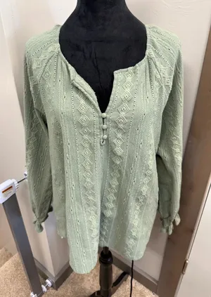 Frye Button Popover Crochet Boho Pistachio Green Blouse Embroidered Textured L thumbnail 1