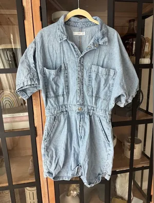 Mango denim romper playsuit light wash chambray short sleeve pockets button down thumbnail 1