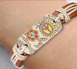 Vibrant Chic Peace Symbol Bohemian Leather Cuff Bracelet - Print thumbnail 4