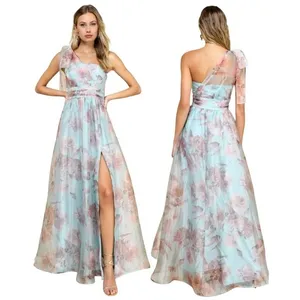 Lulus Blue Pink Dramatically Lovely Floral One-Shoulder Maxi Dress Organza S NWT thumbnail 2
