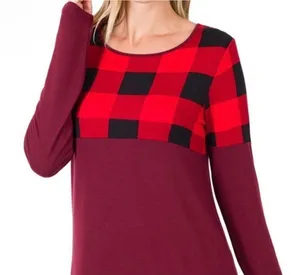 Zenana Women’s Red Black Buffalo Plaid Colorblock Long Sleeve Top Burgundy Tunic thumbnail 1