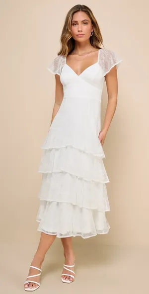 Lulus Graceful Darling White Lace Flutter Sleeve Tiered Midi Dress XL NWT thumbnail 1