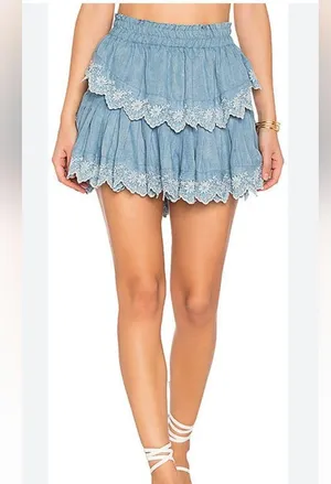 LoveShackFancy Ruffle Mini Skirt in Light Indigo Size XS thumbnail 1