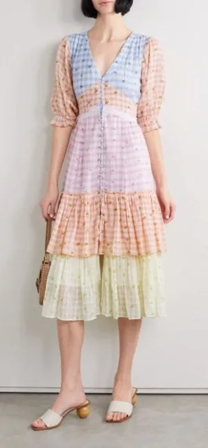 LoveShackFancy Ollie Floral Tiered Cotton Midi Dress Boho Check Size 2 thumbnail 1