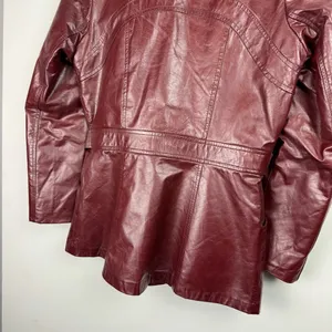 Vintage Leather Rabbitt Fur Trim Trench Tie Jacket Sz 5/6 Maroon Y2K Mob Wife thumbnail 15