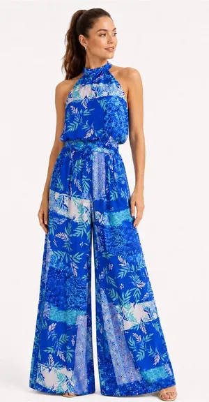 Flying Tomato Blue Halter Jumpsuit with Tropical Print Size NEW thumbnail 1
