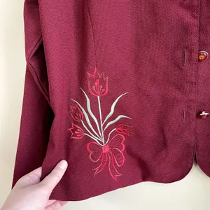 Vintage button front deep‎ red embroidered cardigan jacket women's floral size L thumbnail 5