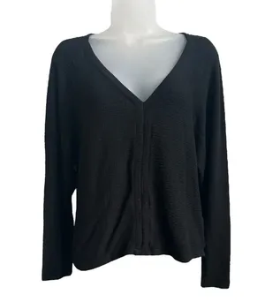 Anthropologie Long Sleeve Top Black Waffle Knit V-Neck Textured, Size Medium thumbnail 1