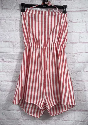 Zaful Large Red and White Striped Halter Romper thumbnail 1