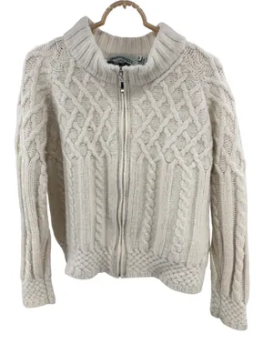 Aran Crafts Cream Cable-Texture Turtleneck zip up cropped cardigan 100% wool M thumbnail 1