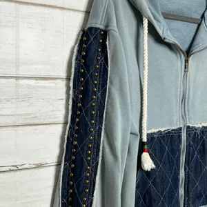 POL Denim Patchwork Hoodie Jacket Women’s Small Blue Gray Zip Up Boho Studded thumbnail 8