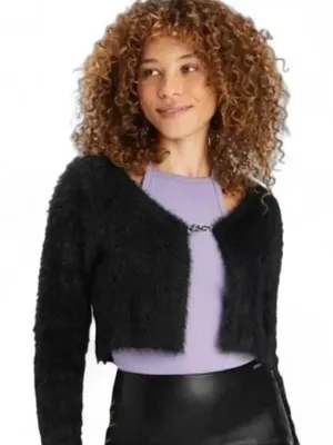 Fabletics Mini Crop Cardigan in Faux Mohair Black size L thumbnail 1