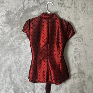 Vintage Whimsigoth Dark Romance Red‎ Satin Polka Dot Belted Blouse Structured SM thumbnail 3