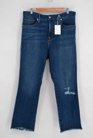 Good American Good Straight Jeans Womens 18 Blue Distressed Knee Raw Hem Med Was thumbnail 1