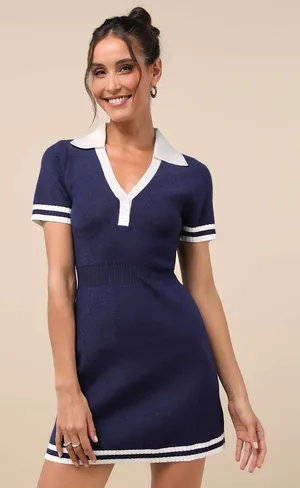 NWT Lulus Calculated Charm Navy and White Collared Mini Sweater Dress Size M thumbnail 1