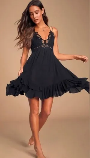 Free People FP One Adella Slip Dress Black Crochet Lace Boho Mini Dress Size S thumbnail 1