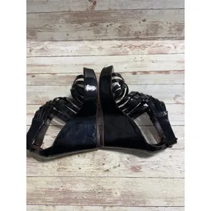 Tory Burch Annamarte Platform Wedge Sandals Size 6.5 Black Patent Leather Gold thumbnail 7