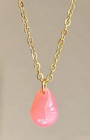 Handmade pink teardrop Czech glass simple minimalist gold chain necklace🩷 thumbnail 2