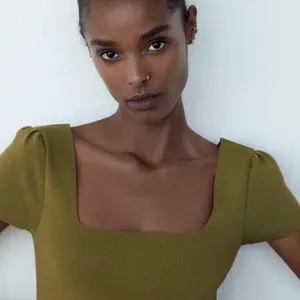 ZARA Squared Mini Babydoll Dress Puff Sleeves Solid Olive Green Knit Small thumbnail 8