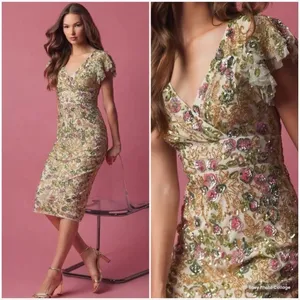 Mac Duggal Womens Floral Embellished Flutter Cap Sleeve Dress 5722 Cream thumbnail 2