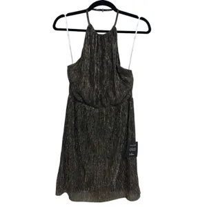 NWT Lulus Turn Up The Shine Black and Gold Metallic Halter Mini Dress - Size M thumbnail 3