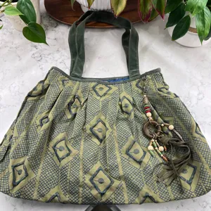 Boho Olive Green Geometric Woven Tote Bag with Beaded‎ Tassel Charm thumbnail 1