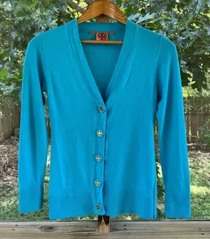 Tory Burch Women's Simone Cardigan Turquoise Logo Button Size M thumbnail 1