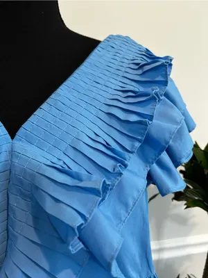 entro Sky Blue Pleated Ruffle V-Neck Blouse thumbnail 4
