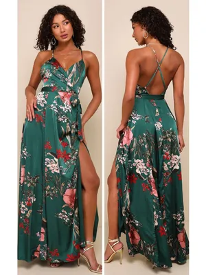 Lulus Still the One Emerald Green Floral Print Satin Maxi Dress Size Large NWT thumbnail 2