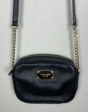 Michael Kors Crossbody‎ Bag Black Leather Gold Chain Strap Zip Card Slots Small thumbnail 1