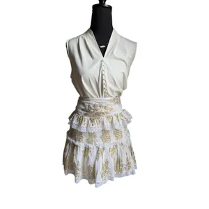 Cotton Mini Skirt Boho White Gold Lurex Smocked Romantic Size L Chloe Laetitia thumbnail 4