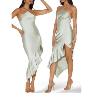 Hello Molly Sage Green Satin Halter Ruffle High Low Midi Dress Womens Size 10 thumbnail 2