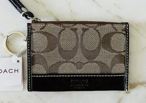 COACH Khaki Chestnut Signature Mini Skinny Cardholder Keychain Keyring Wallet thumbnail 1
