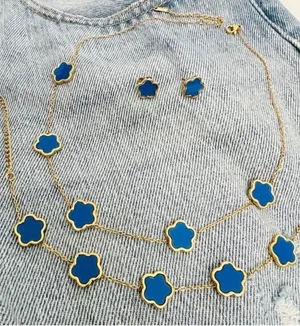 18K Gold Plated stainless steel blue clover necklace Set womens jewelry thumbnail 1