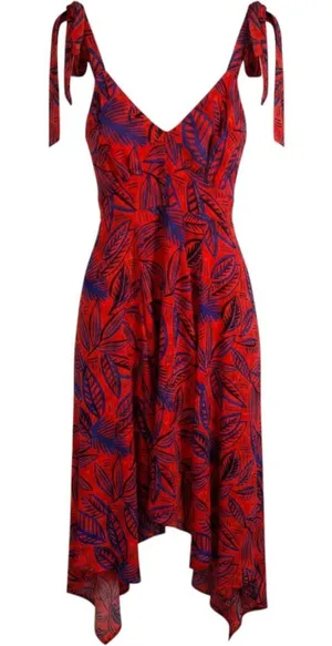 Alexis Target Red Blue Tropical Leaf Handkerchief Hem Tie Midi Dress Sz S thumbnail 1