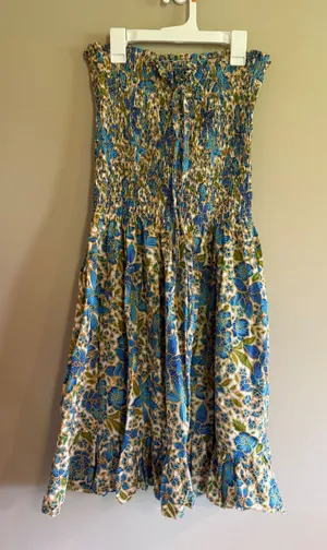 Island Planet Miami Beach Smocked‎ Strapless Floral Cotton Midi Dress Blue Green thumbnail 1