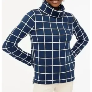 J.Crew navy windowpane turtleneck fleece sweater M thumbnail 1