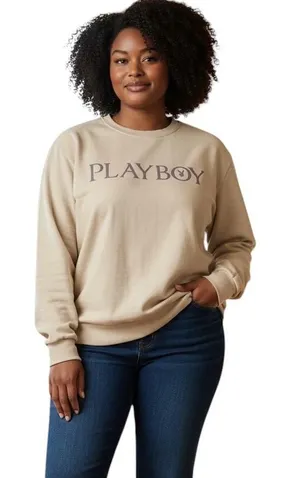 Playboy Sweatshirt Logo Bunny Sz M Tan/Brown Fleece Lined Long Sleeve Cozy Nite thumbnail 1